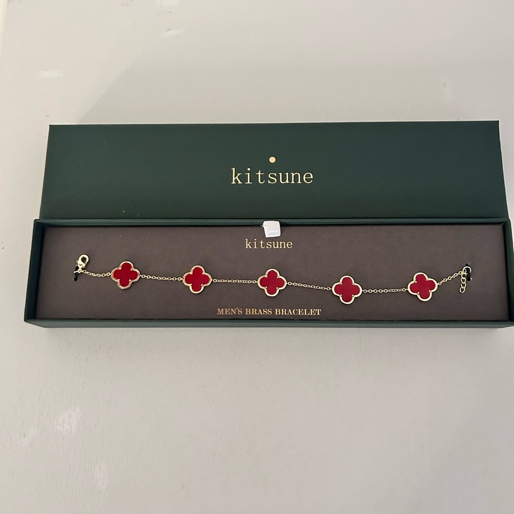 KITSUNE Red Clover 14k Gold Over Mother of Pearl Men's Women's Bracelet size 8+3